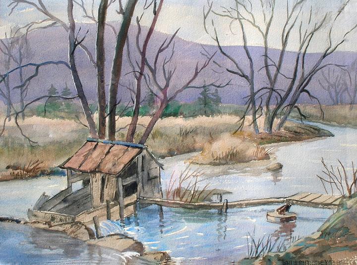 Bridge to Shack.jpg - Construction by the Stream, watercolor, Collection of Richard Wolff